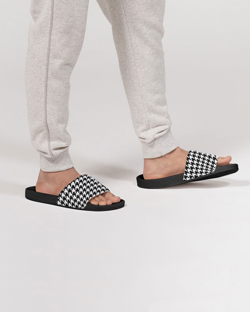 Houndstooth Black White Men Slides Sandals, Designer Shoe Boys Flat Wedge Slippers Vegan Casual Flip Flops Slip On