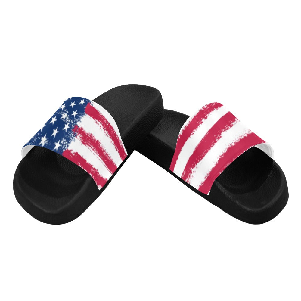 Patriotic Women Slides Sandals, American Flag Shoes Red White Blue Stars Stripes USA 4th of July Flip Flops Slip On Vegan Slippers