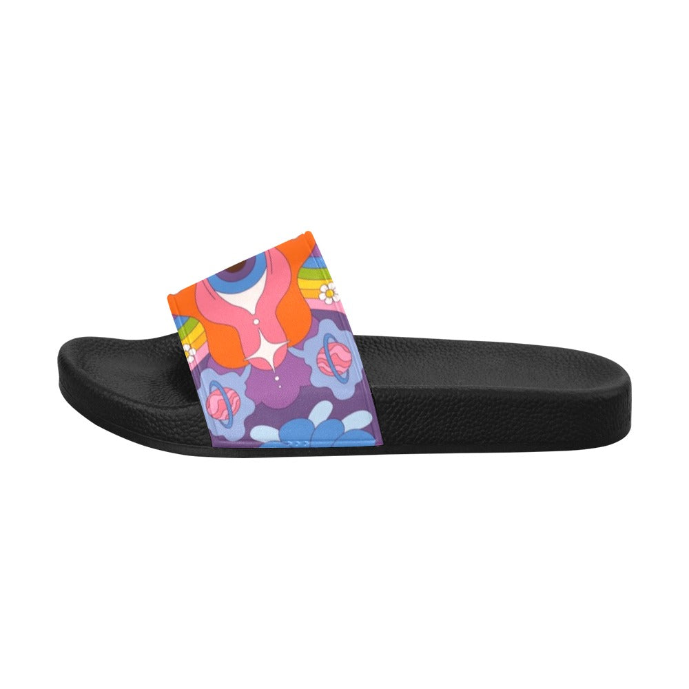 Psychedelic Women Slide Sandals, Funky Eye Trippy Groovy Party Shoe Festival Designer Wedge Slippers Flip Flops Slip On