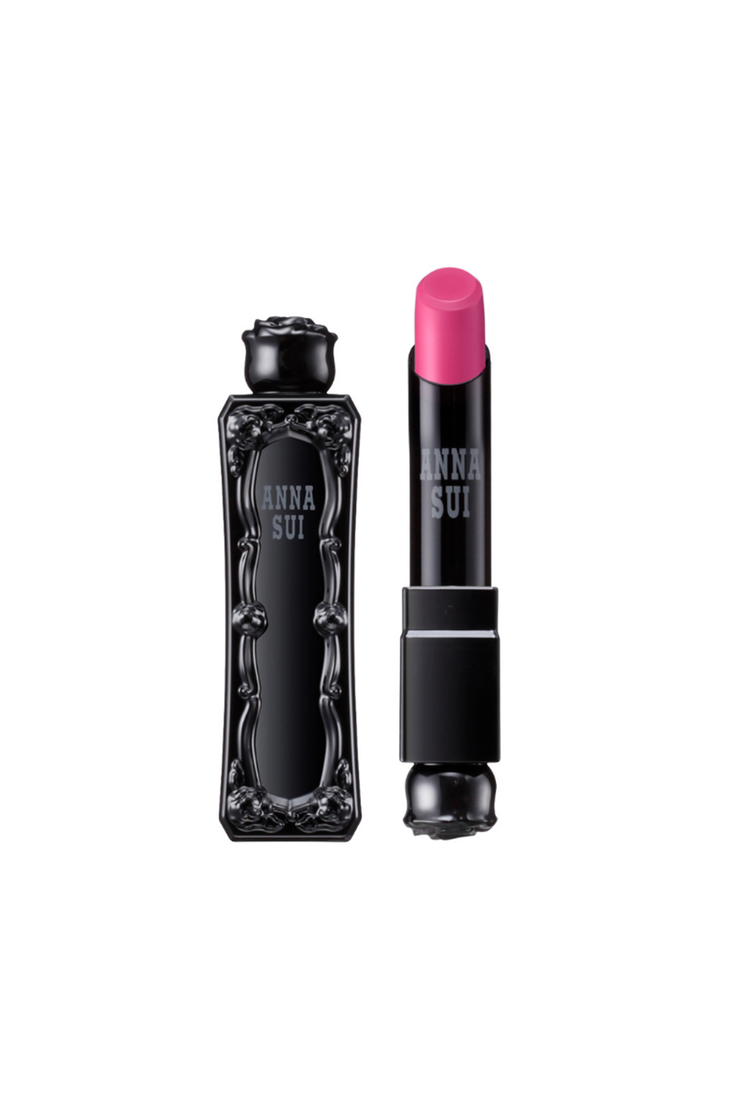 Hot Pink lipstick, in an Anna Sui, black container with raised rose pattern, rose on top