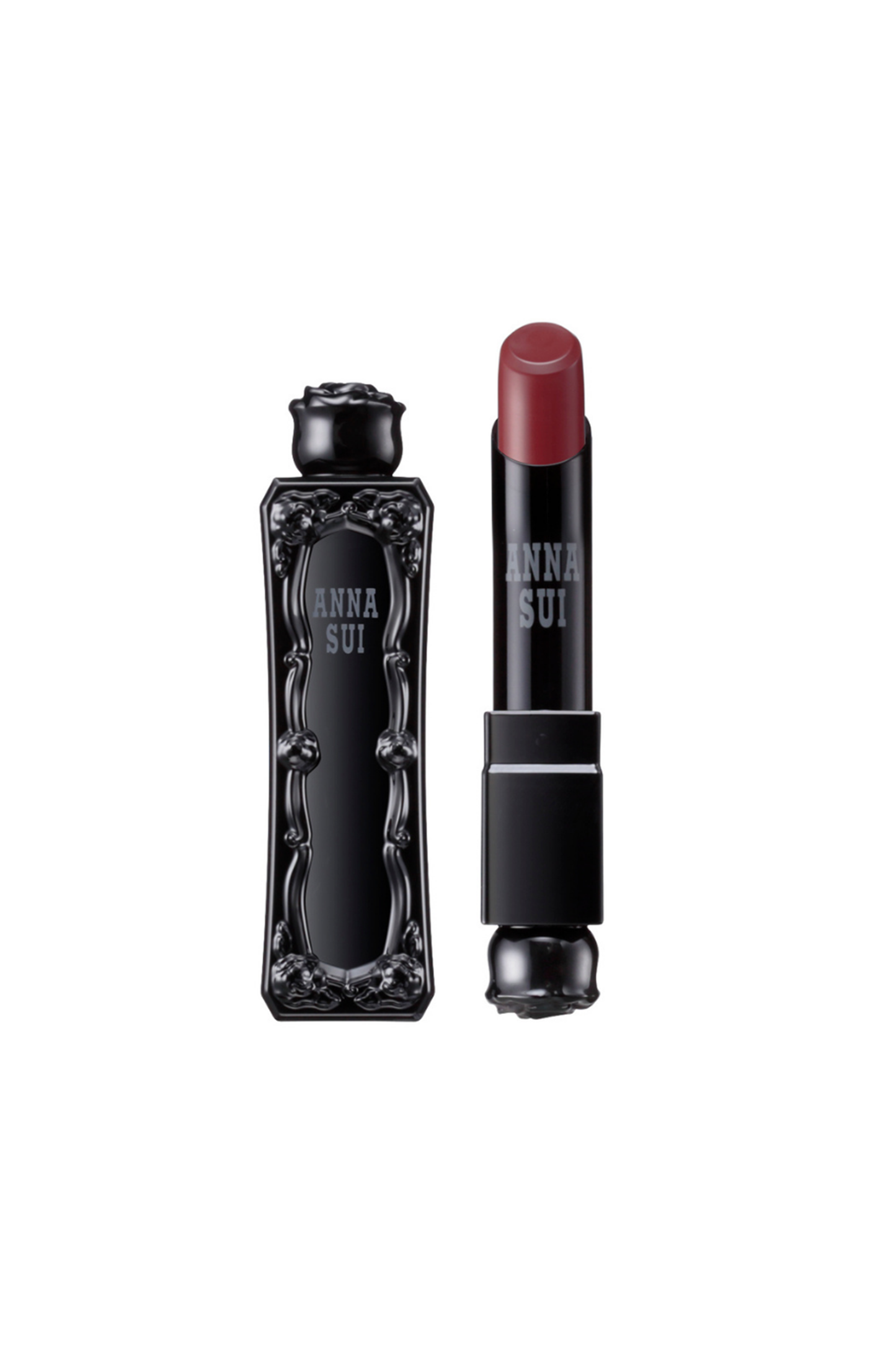 Enchanting Redlipstick, in an Anna Sui, black container with raised rose pattern, rose on top